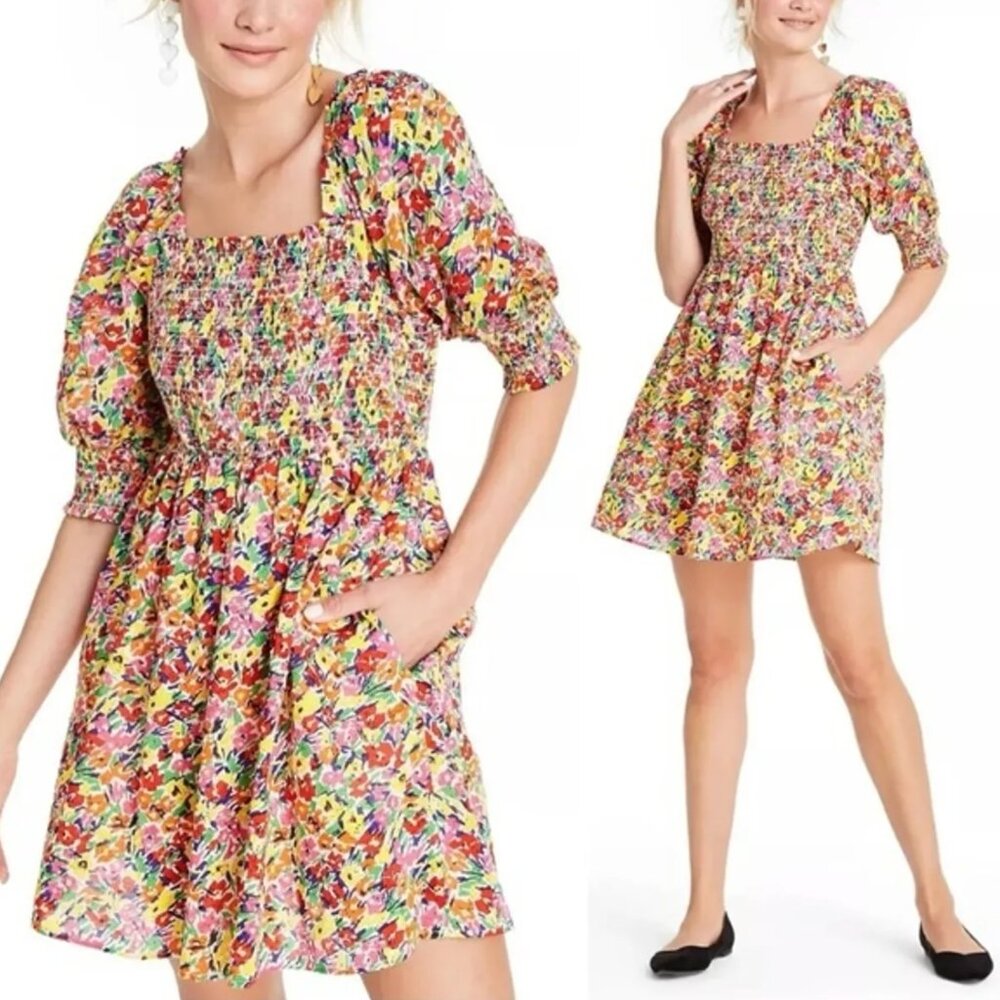 RIXO for Target Floral Puff Sleeve Smocked Bodice Dress Size M